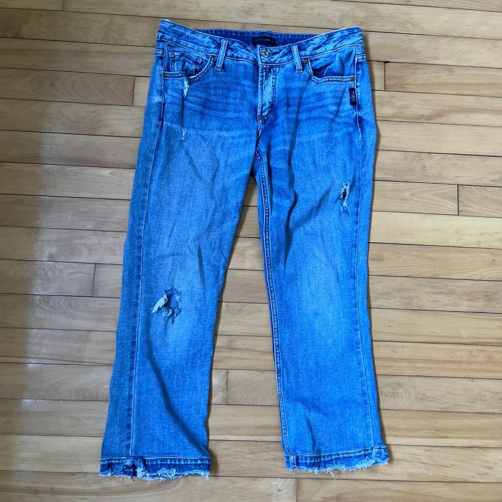 Silver Jeans Co Blue Distressed Denim Jeans Medium Wash 31x35 Suki Slim Boot